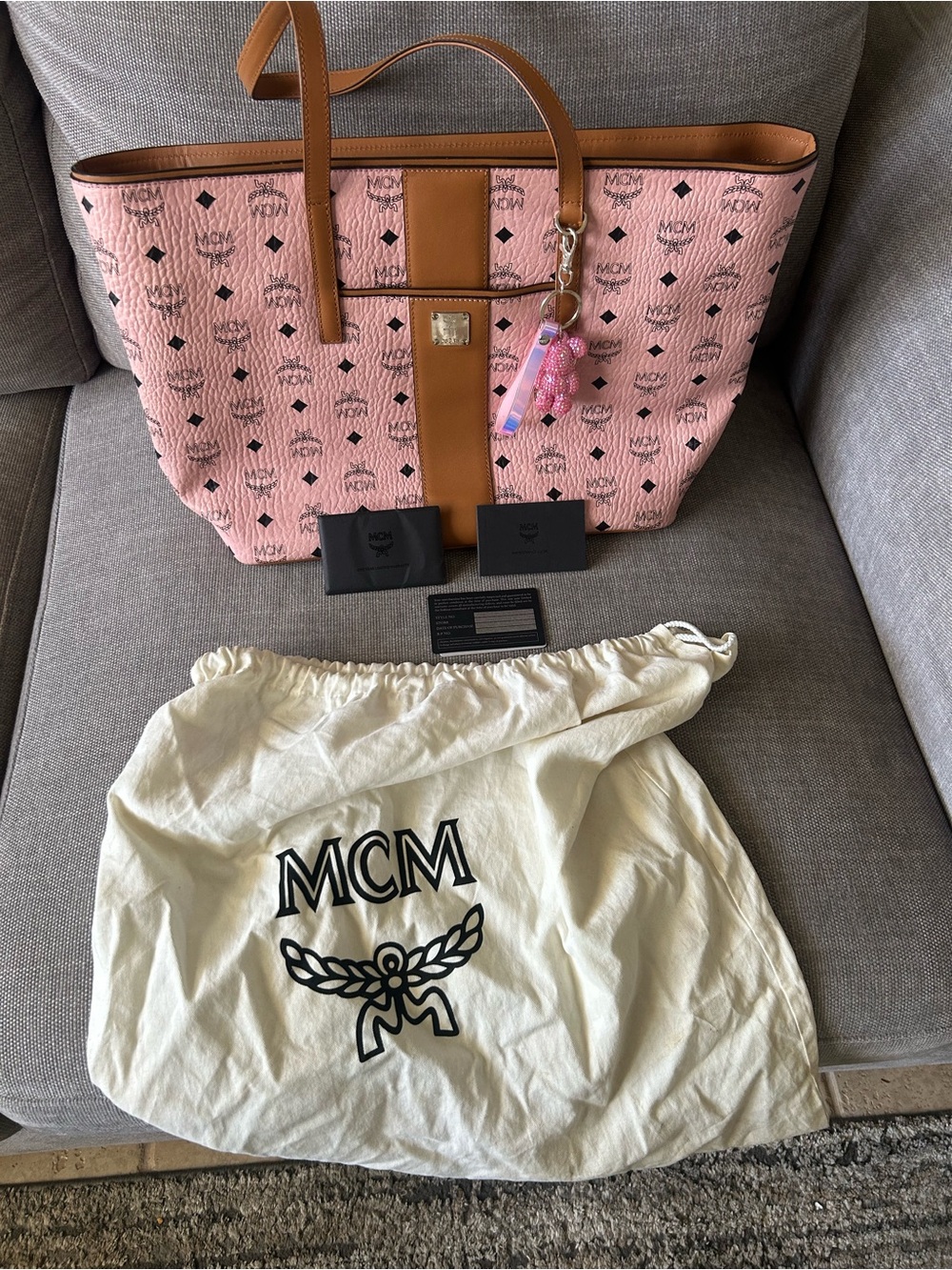 MCM Pink Monogram Tote with Brown Leather Trim - Picture 4 of 10